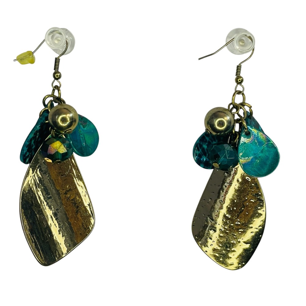 Boho Gold Tone Teal Iridescent Dangle Earrings Hammered Metal Beaded Statement